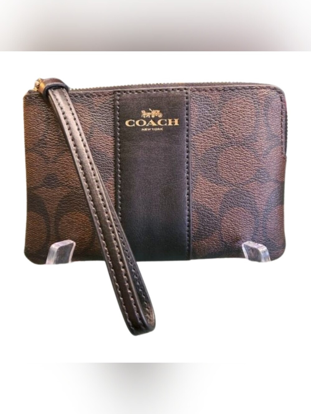 COACH Corner Zip Wristlet Signature C Canvas With Stripe Brown And Black